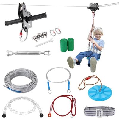 VEVOR Tyrolienne pour Enfants et Adultes 24,4 m Kit de Tyrolienne Complet Charge 272 kg Configuration Facile avec Frein à Ressort Ceinture et Harnais de Sécurité pour Jardin Arrière-Cour Extérieur