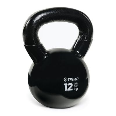 TREXO Kettlebel 12 kg gietijzer met vinylcoating voor veelzijdige oefeningen thuis en in de sportschool halter professionele zwarte halterbal VKB12