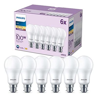 Philips LED Frosted A60 Light Bulb 6 Pack [Warm White 2700K - B22 Bayonet Cap] 100W, Non Dimmable. for Home Indoor Lighting