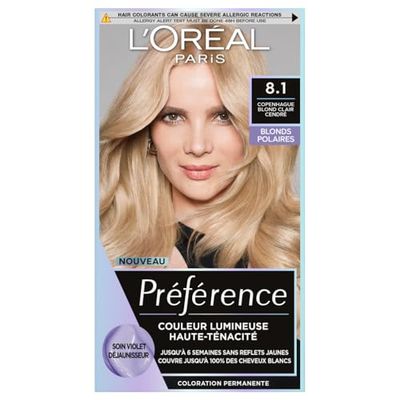 L’ORÉAL PARIS - Coloration Cheveux Permanente - Longue Durée & Lumineuse - Sans Reflets Jaunes - Couvre 100% des Cheveux Blancs - Préférence - Nuance : Copenhague 8.1, Blond clair cendré