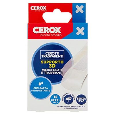 CEROX Pronto Rimedio, Linea di Cerotti Grandi Microperforati e Traspiranti - Garza Disinfettante, Trasparenti, Confezione da 12 Pezzi singolarmente confezionati - Dispositivo Medico senza PVC