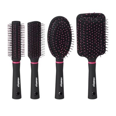 Relaxdays Spazzole per Capelli, Set da 4, con Custodia da Viaggio, Setole in Plastica, Rotonde, Styling, Nero/Rosa