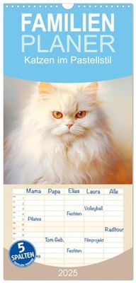 Familienplaner 2025 - Katzen im Pastellstil mit 5 Spalten (Wandkalender, 21 x 45 cm) CALVENDO: Charmante Samtpfoten in zarten Farben
