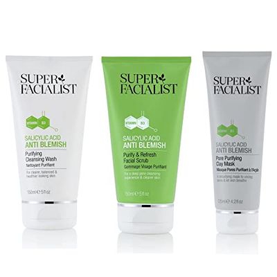 Super Facialist Salicylic Acid Anti Blemish Cleanser 150ml, Purify & Refresh Scrub 150ml and Pore Purifying Clay Mask 125ml