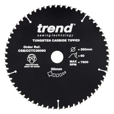 Trend CraftPro CSB/CCTC26060 - Lâmina de serra de corte cruzado antiderrapante com gancho negativo, 260 mm x 60 dentes x 30 mm de diâmetro, ponta de carboneto de tungsténio, CSB/CCTC26060
