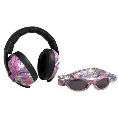 Banz Ear Defenders & Sunglasses Combo - Noise Cancelling Baby Headphones & Wrap Around Baby Sunglasses - for Infants & Toddlers, 0-36 Months, Adjustable Straps - 100% UV Protection, SNR 24dB