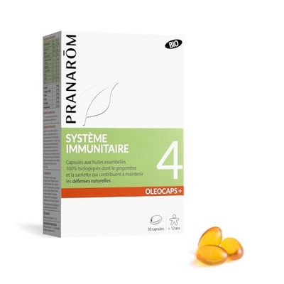 PRANARÔM - Oléocaps 4 - Système Immunitaire - Aux Huiles Essentielles Ciblées - Eucalyptus Radié, Citron, Gingembre, Giroflier & Sarriette - 100% Naturelle Et Bio - HECT - 30 Capsules Prédosées