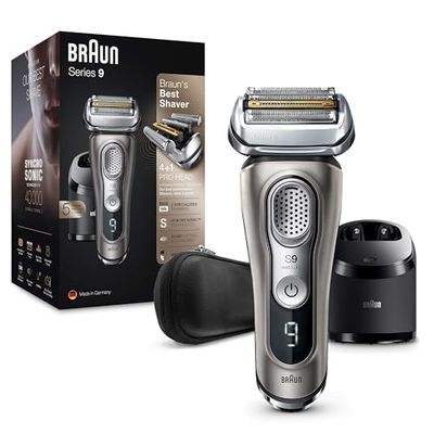 Braun Series 9 Electric Shaver 5, Electric Razor for Men With Clean & Charge Station & Leather Case, Gifts For Him, 2 Pin Bathroom Plug, 9385cc, Graphite Razor