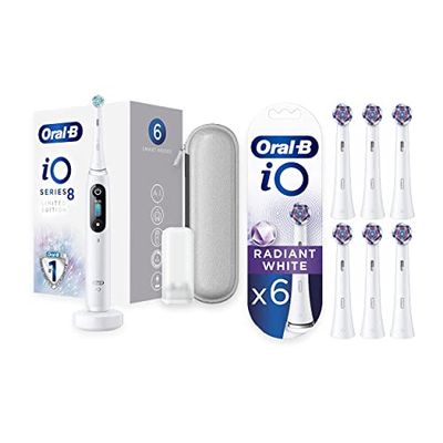 Oral-B iO Series 8 Brosse à Dents Électrique Rechargeable + Radiant White Brossettes de Rechange (Pack de 6), Manche Intelligence Artificielle, 1 Brossette Et 1 Étui de Voyage Offre Premium, Blanc