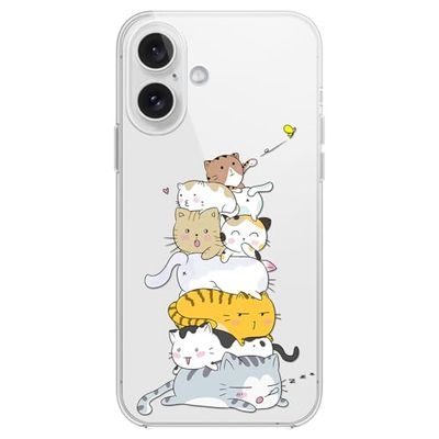 FancyCase Compatible with iPhone 16 Case (6.1inch)-Cute Stacked Cat Design Funny Cartoon Animal Pattern Flexible TPU Protective Clear Case (Stacked Cats)