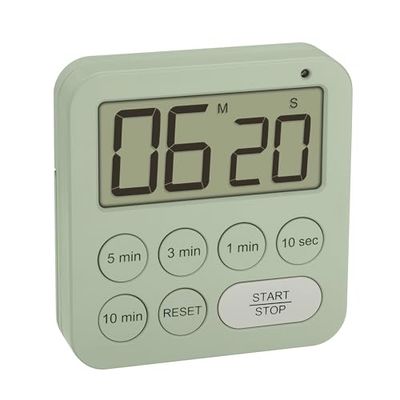 TFA Dostmann Digitale timer voor sport/keuken/leren, 38.2056, inclusief stopwatch, magnetisch, met 3 volumeniveaus, snelkeuze, groot display, visueel led-waarschuwingslicht, eierwekker, groen