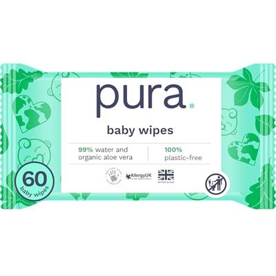 Pura Eco Friendly Baby Wipes, 99% Water, 100% Plastic Free, Biodegradable, Compostable, Vegan, Suitable for Sensitive, Eczema Prone and Newborn Skin, Vegan, 1 Pack of 60 Water Based Wet Wipes