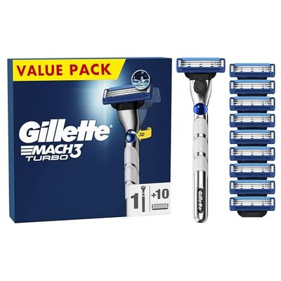 Gillette Mach3 Turbo Regolabarba Uomo, Lame Rasoio a Mano Libera, 1 Manico e 10 Lamette da Barba da 3 Lame, Facile Risciacquo, con Gel Lubrificante, Fino a 15 Rasature con 1 Testina