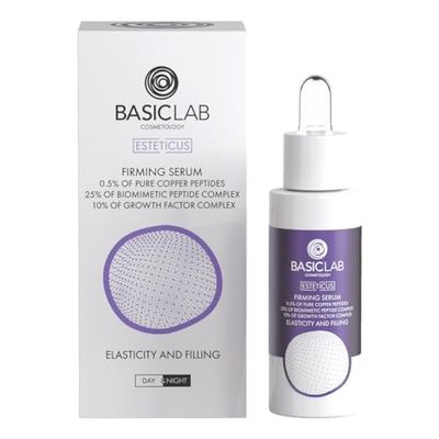 BasicLab Sérum pour le visage avec peptides de cuivre 0,5% et 25% peptides biomimétiques 30 ml – Complexe de facteur de croissance à 10% – Anti-âge, élasticité et réduction des rides – Pour tous