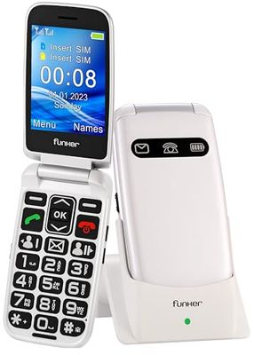 Funker E150 MAX Help Negro, Teléfono para Mayores, Más Fácil, Smart Help, Control Remoto, Pantalla XXL Letras Grandes, Teclado parlante, Botón SOS, Batería 1000 mAH, Blanco