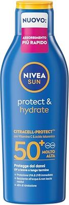 NIVEA SUN Protect & Hydrate SPF 50+ 200 ml, Crema solare 50+ idratante 48h ad assorbimento rapido, Protezione solare 50+ resistente all'acqua arricchita con Vitamina C e Acido Ialuronico
