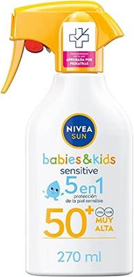NIVEA SUN Babies & Kids Sensitive Spray FP50+ (1 x 270 ml), Protector Solar Resistente al Agua para Piel Sensible, Crema para bebés y niños, El embalaje puede variar
