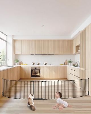 VEVOR Baby Gate, 192 Inches Extra Wide, 28 Inches High 8-Panel Foldable Dog Gate, for Child Pet Security, One-Hand Open, Install Between Two Walls or As a Fence, for Stairs and Doorways, Black