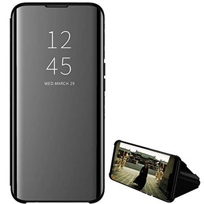 Hülle® Mirror Plating Clear View Stand Function Flip Case Compatible for Xiaomi Redmi 9 (Black)