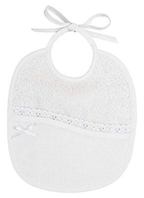 Filet - Babero ovalado de suave tejido de rizo de algodón, con bolsillo de tela Aida para bordar y detalles de encaje bordado inglés, color blanco
