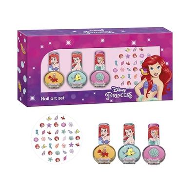 Princess Ariel Mermaid Nail Art Set for Kids - 3 Nail Polishes (Pink, Teal, Yellow) & Ariel Nail Stickers