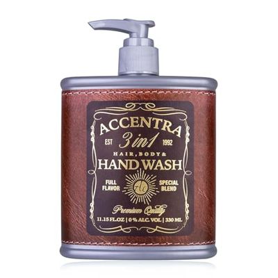 Accentra Dispenser di sapone Whiskey, sapone per le mani SPECIAL BLEND in effetto bottiglia, fiaschetta con sapone per le mani da 330 ml in dispenser di pompa, sapone liquido, profumo: betulla e cedro