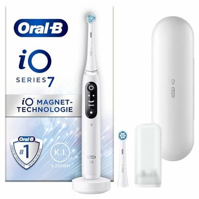 Oral-B iO 7N Brosse À Dents Électrique Blanche connectée Bluetooth, 2 Brossettes, 1 Étui De Voyage