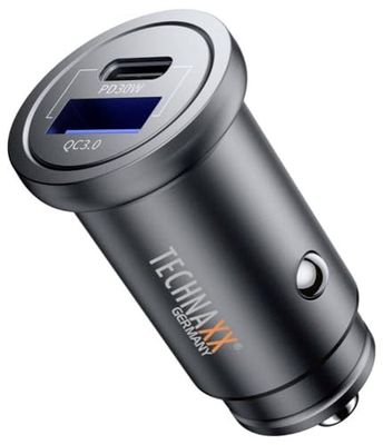 Technaxx TX-305 Dubbele autolader, 30 W, 2 poorten en sigarettenaanstekeradapter, met type C en USB-A-uitgang, PD 30 W en QC 3.0, dynamisch opladen PPS, ingang 12-24 V