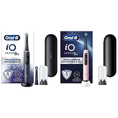 Oral-B iO 8N Brosse À Dents Électrique Noire connectée Bluetooth, 2 Brossettes, 1 Étui De Voyage & iO 5N Brosse À Dents Électrique Rose connectée Bluetooth, 1 Brossette, 1 Étui De Voyage