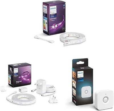 Philips Hue White&Color Ambiance Lightstrip, Striscia LED Smart da 1m White&Color Ambiance Lightstrip, Kit base Striscia LED Smart da 2m Sensore di Movimento