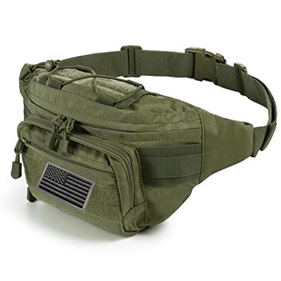 FRTKK Taktisk midjeväska militär midjeväska paket med USA-flagga lapp användbar höftpaket med justerbar rem för utomhus fiske cykling camping vandring hund promenad, Armégrön 2, Midjeväska