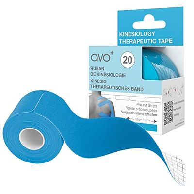 AVO + Kinesiologie Tape - 5m Rol van 20 Voorgesneden Strips, Elastische Therapeutische Fysiotape voor Spierherstel, Zwelling, Pijn en Blessures, Verbeterde Bloedcirculatie, Waterbestendig, Blauw