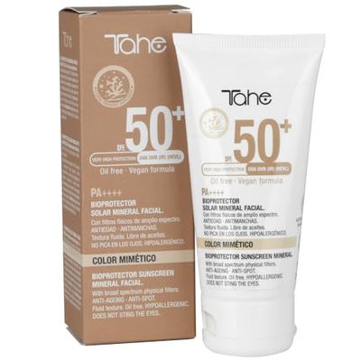 Tahe Bioprotector solar mineral facial con Color Mimético 0% filtros químicos y conservantes, FPS 50+, 50 ml