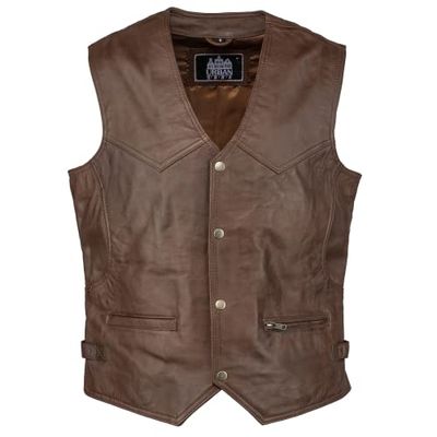 URBAN 5884 Men's Billie Style Motorcycle Comfortable Ovine Leather Biker Vest with Button Closure, Brown, XXXL