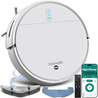 SereneLife Robot Vacuum Cleaner, Automatic Vacuum Robot with App Control, 700Pa Suction, 3 Cleaning Modes, Auto Recharge, Dual Side Brushes, Works on Hard Floors, Low-Pile Carpets, Pet Hair, 11.4"x3"