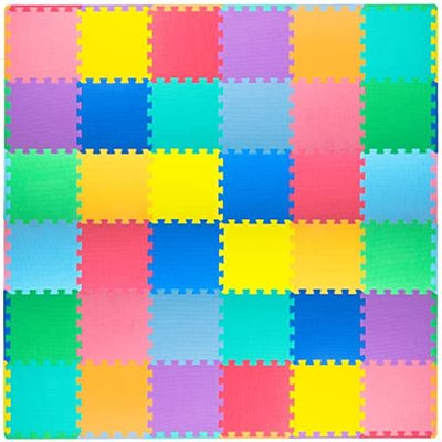 ProSource Foam Puzzle Floor Play Mat for Kids and Babies com cores sólidas, 36 ou 16 Interlocking Tiles with Borders, Assorted