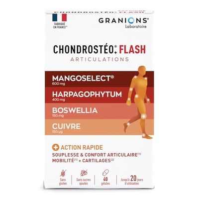 GRANIONS Chondrostéo+ Flash Articulations - 40 Gélules = 10 Jours - Mangoselect (Garcinia Mangostana), Boswellia, Harpagophytum - Confort Articulaire - Laboratoire des Granions - Marque Française