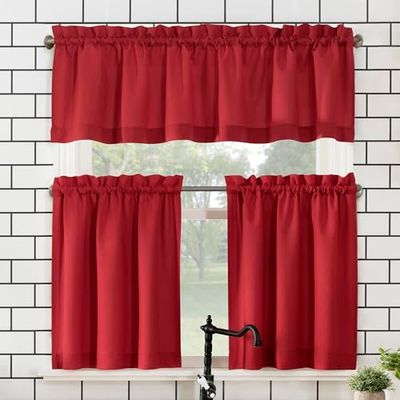 No. 918 Martine Ensemble cantonnière et Rideaux à étages pour Cuisine, Semi-Transparents, en Microfibre, Passe-Tringle, 137 x114,5 cm, Rouge