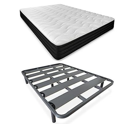 DUÉRMETE ONLINE Lit Complet avec Matelas Pocket Visco réversible (Face Hiver/été) + sommier renforcé 40 x 30 mm avec Pieds métalliques filetés, Acier allié, Gris, 150 x 190