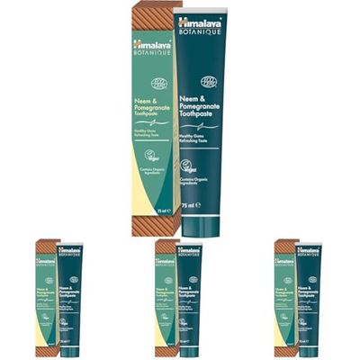 Ecocert Cosmos Natural Certified Himalaya Botanique Dentifricio Neem e Melograno con Attivi Bio, Combatte la Placca, Sbianca i Denti, Senza Fluoro, Senza SLS, 75ml (Confezione da 4)