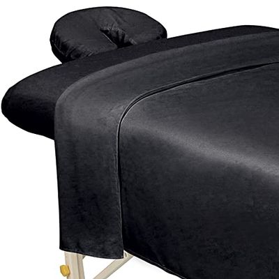 ForPro Premium microvezel 3-delige massageset voor massagetafels, inclusief plat laken, hoeslaken en hoeslaken voor gezichtssteun, zwart