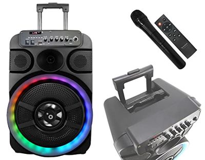 Sunstech Muscle S12 - Altavoz TWS de 40W con función Karaoke, iluminación LED, Bluetooth V5.0, Radio FM, USB, Micro SD, aux-in. Mando a Distancia y micrófono incluidos. Color Negro.