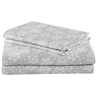 Comfort Spaces Cotton Flannel Breathable Warm Deep Pocket Sheets with Pillow Case Bedding, Full, Grey Snowflakes 4 Piece