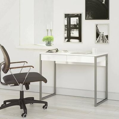 Dmora Linear Desk with Two Drawers, White, 101 x 76.5 x 40 cm