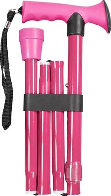 Folding Adjustable Walking Stick with Ergonomic Rubber Handle, 5 Height Settings, Lightweight Aluminum, Wrist Strap, and Non-Slip Tip. Compact for Travel. Supports up to 100kg.Pink