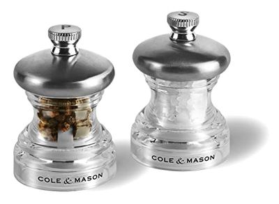 Cole & Mason H302418 Button Macina Sale e Pepe, Macinatura Regolabile, Compatto, Acciaio inossidabile, Acrilico, 65mm, Include 2 x Mulini