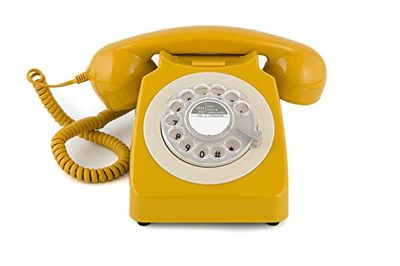 GPO 746 Téléphone fixe rétro de style années 1970 à cadran rotatif - Cordon extansible, sonnerie authentique - Moutarde