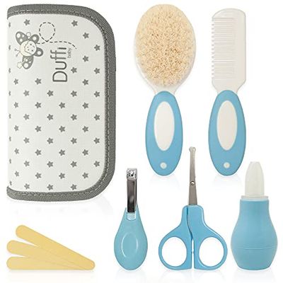 Duffi Baby Set para Cuidado del Bebe Recien Nacido. Juego Cuidado Bebes 6 piezas. Kit de Aseo Estuche con Cremallera Cepillo Pelo Lima Uñas Peine Aspirador Nasal Tijeras Uñas Corta uñas. 1260-12 Azul