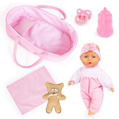 Bayer Design 92866AR Bambola, corpo morbido, 28 cm, culla portatile per bambole, coperta, cuscino, ciuccio, biberon, orsacchiotto