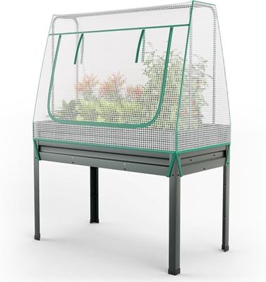 FANTASK Jardinera 3 en 1 con Cubierta y Enrejado, Jardinera de Metal galvanizado con Agujeros de Drenaje, Invernadero con Puerta Enrollable